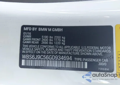 2016 BMW M6 z USA, uszkodzony, nr VIN WBS6J9C56GD934694